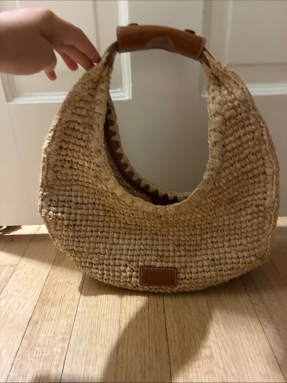 Woven Straw Hobo Bag with Tan Leather Handle